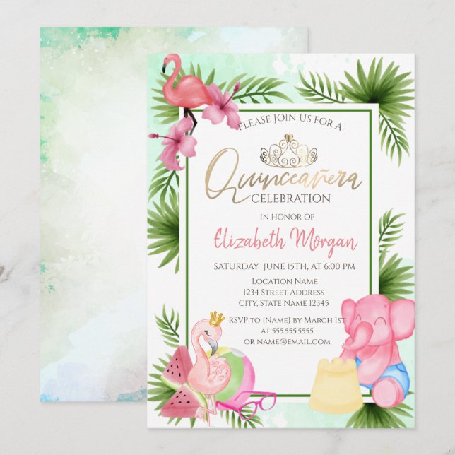 Palm Watermelon Flamingo EIephant Quinceañera Invitation (Front/Back)