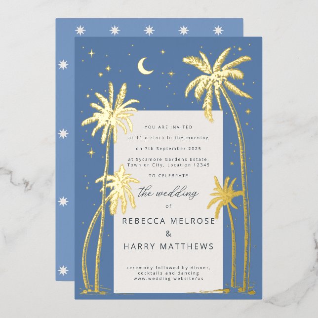 Palmier céleste bleu mariage Invitation Foil (Recto/Verso)