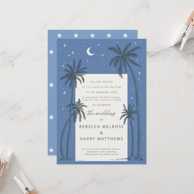 Palmiers bleu étoile faire-part de mariage boho (Devant/Arrière en situation)