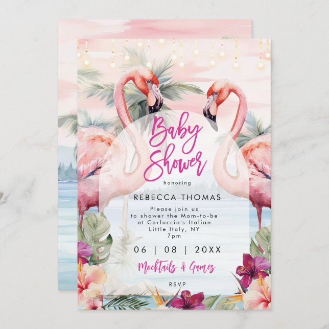 palmiers de plage flamingo baby shower invitation (Devant / Derrière)