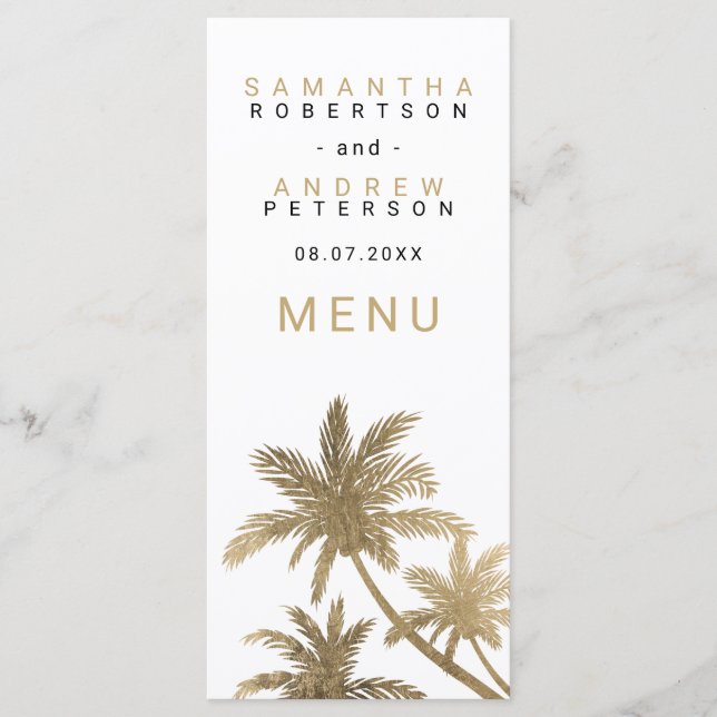 Palmiers en faux or moderne menu de mariage élégan (Devant)