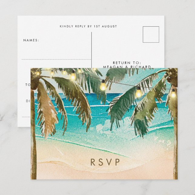 Palmiers lumières plage mariage rsvp carte postale (Devant / Derrière)