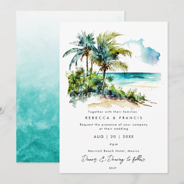 palmiers tropicaux invitation de mariage sur la pl (Devant / Derrière)