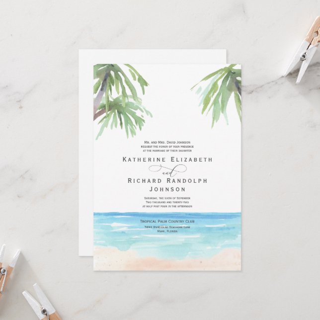 Palmiers tropicaux Plage Mariage Invitation (Devant/Arrière en situation)