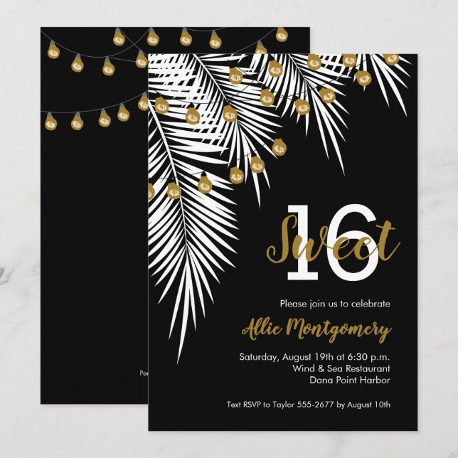 Palms and Light Strings Sweet 16 Birthday Party Invitation (Front/Back)