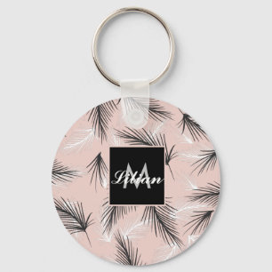 Palms Black White Earthy Tone Pink Monogrammed   Keychain