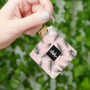 Palms Black White Earthy Tone Pink Monogrammed   Keychain