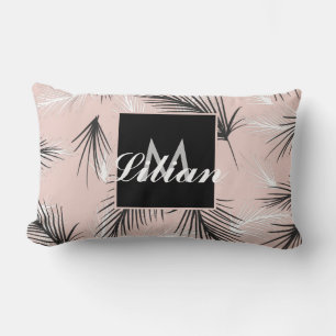 Palms Black White Earthy Tone Pink Monogrammed    Lumbar Pillow