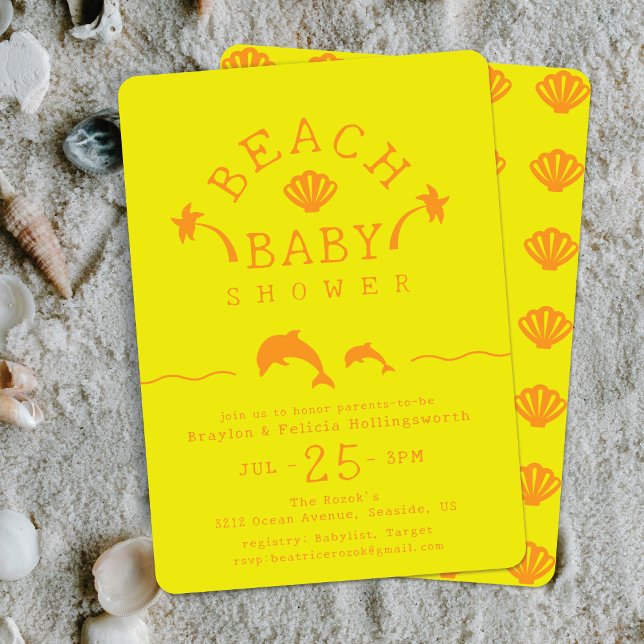 Palms & Dolphins Yellow & Orange Beach Baby Shower Invitation (Creator Uploaded)