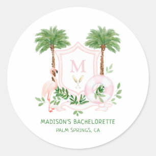 Palms Flamingo Monogram Crest Bachelorette  Classic Round Sticker
