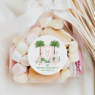 Palms Flamingo Monogram Crest Bachelorette  Classic Round Sticker