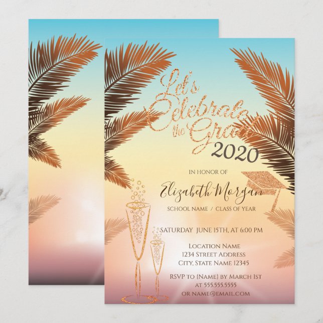 Palms, Glitter Graduation Cap,Glass Graduation Invitation (Front/Back)