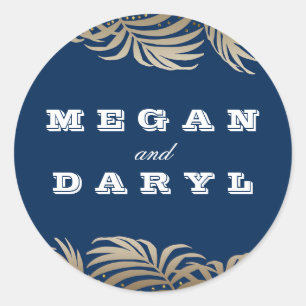 Palms Leaf Navy and Gold Beach Wedding Classic Round Sticker