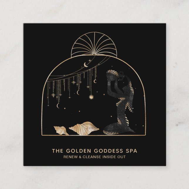 *~* Palms Moon Stars Golden Goddess Sea Shells Urn Square Business Card (Front)