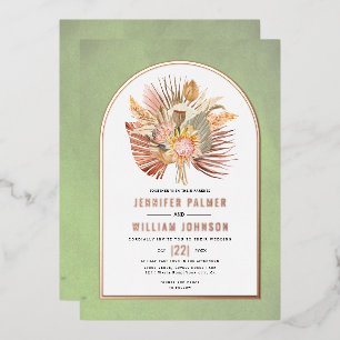 Palms, pampas grass sage green wedding rose gold