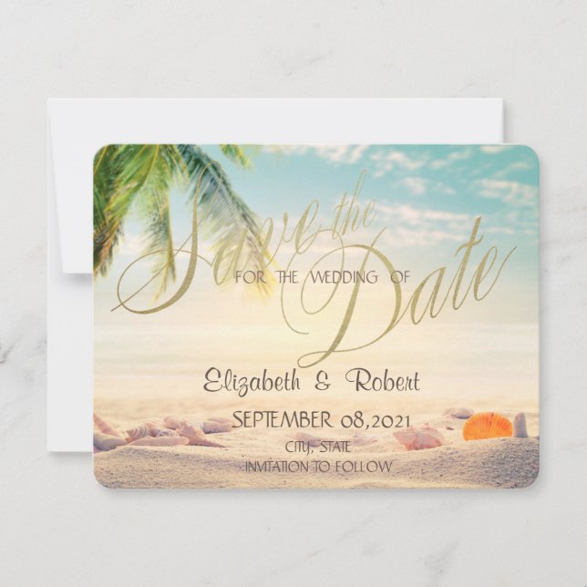 Palms Seashells Beach Wedding  Save The Date (Front)