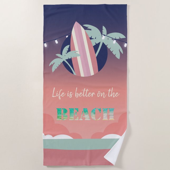 Palms,Surfboard,String Lights Beach Beach Towel (Front)