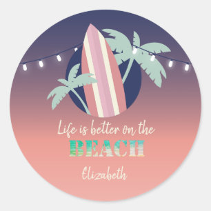 Palms,Surfboard,String Lights Beach Classic Round Sticker