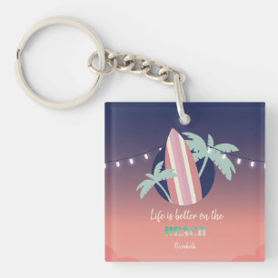 Palms,Surfboard,String Lights Beach Keychain