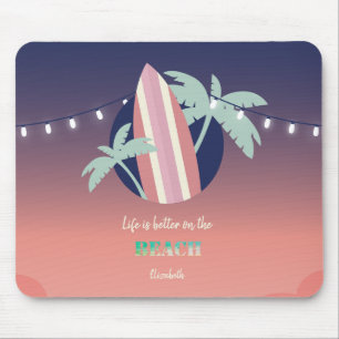 Palms,Surfboard,String Lights Beach Mouse Pad