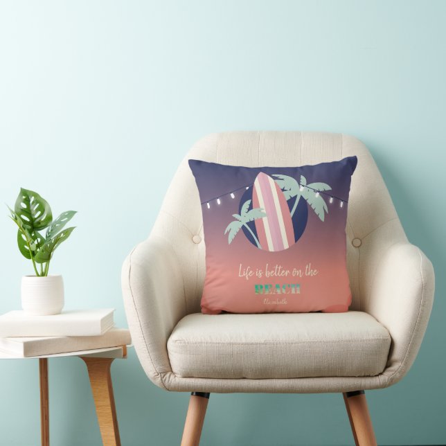 Palms,Surfboard,String Lights Beach Throw Pillow (Chair)