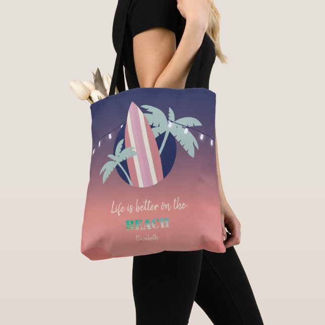 Palms,Surfboard,String Lights Beach Tote Bag (Close Up)
