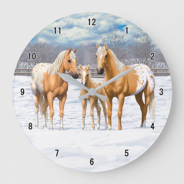 Palomino Appaloosa Horses In Snow Large Clock (Front)