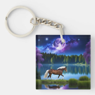 Palomino Belgian Horse under a Purple Starry Sky Keychain