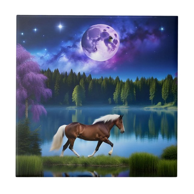 Palomino Belgian Horse under a Purple Starry Sky Tile (Front)