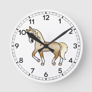 Palomino Cute Cartoon Trotting Horse Illustration Round Clock