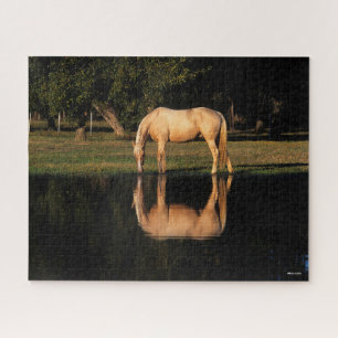 Palomino Grazing By Lake With Reflection Jigsaw Puzzle