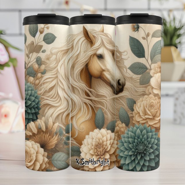 Palomino Horse Among Cream Flowers Thermal Tumbler (Creator Uploaded)