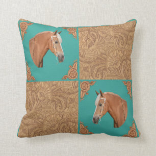 Palomino Horse With Leather Print And Turquoise Throw Pillow