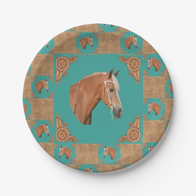 Palomino Horse With Leather Print Western Party Paper Plate (Front)