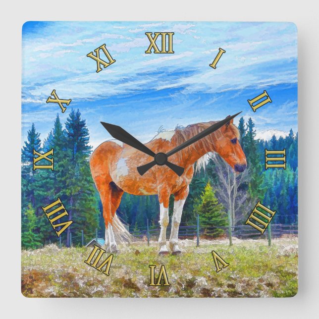 Palomino Pinto in Field and Forest Scene Square Wall Clock (Front)