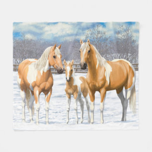 Palomino Pinto Paint Quarter Horses In Snow Fleece Blanket