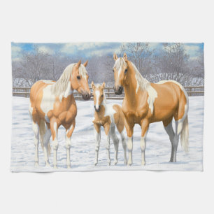 Palomino Pinto Paint Quarter Horses In Snow Kitchen Towel