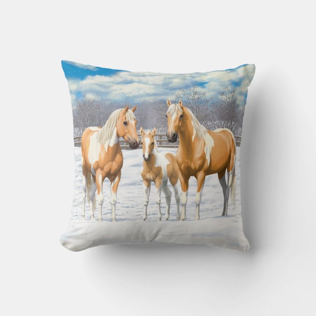 Palomino Pinto Paint Quarter Horses In Snow Throw Pillow (Front)