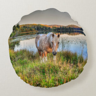 Palomino Pinto Paint Stallion by a Lake Round Pillow