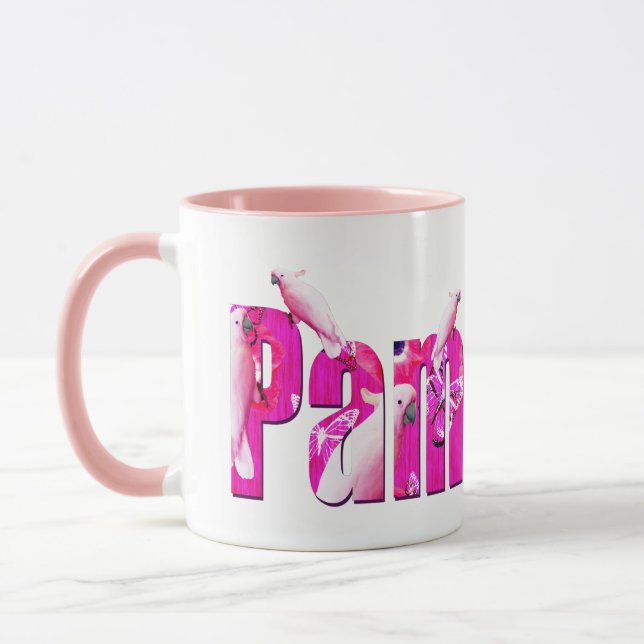 Pam, Name Logo With White Parrots, Mug (Left)