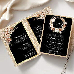 Pampas Beige Earthy Floral Black Wedding Invitation