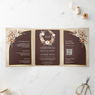 Pampas Beige Earthy Floral Espresso Brown Wedding Tri-Fold Invitation