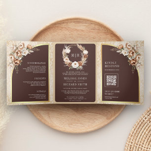 Pampas Beige Earthy Floral Espresso Brown Wedding Tri-Fold Invitation