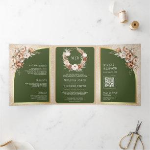 Pampas Beige Earthy Floral Olive Green Wedding Tri-Fold Invitation
