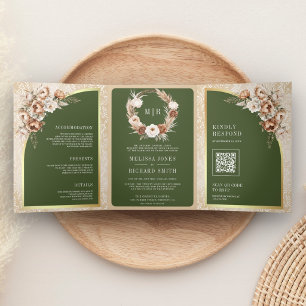 Pampas Beige Earthy Floral Olive Green Wedding Tri-Fold Invitation