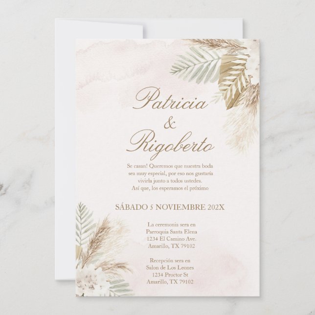 Pampas beige Elégant mariage Invitation en espagno (Devant)