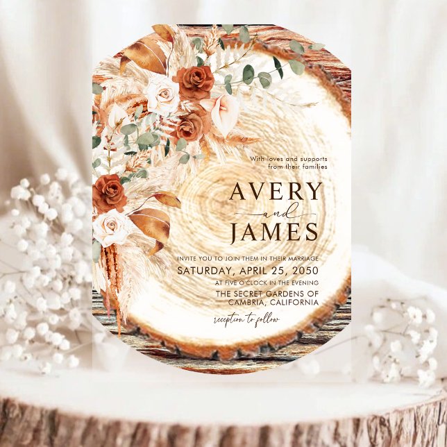 Pampas Boho Acrylic Wood Ring Wedding Invite  Invitations (Creator Uploaded)