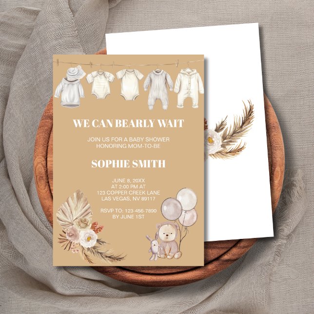 Pampas Boho We Can Bearly Wait Baby Shower Invitation (Creator Uploaded)