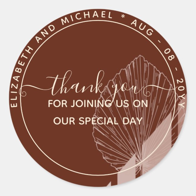 Pampas Burgundy Thank You Favour Classic Round Sticker (Front)