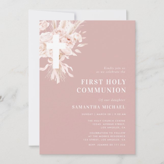 pampas dusty rose first communion invitation (Front)